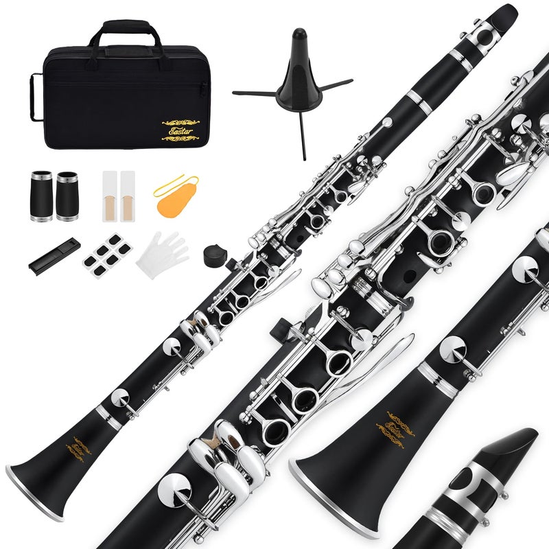 Eastar B Flat Clarinet for Beginner, Ebonite Clarinet Nickel-plated with 2 Barrels, 3 Reeds, White Gloves, Hard Case, Cleaning Kt, ECL-300 - Image 1